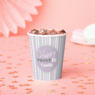 Sweet Sixteen | Soft Purple & Grey Stripes Paper Cups