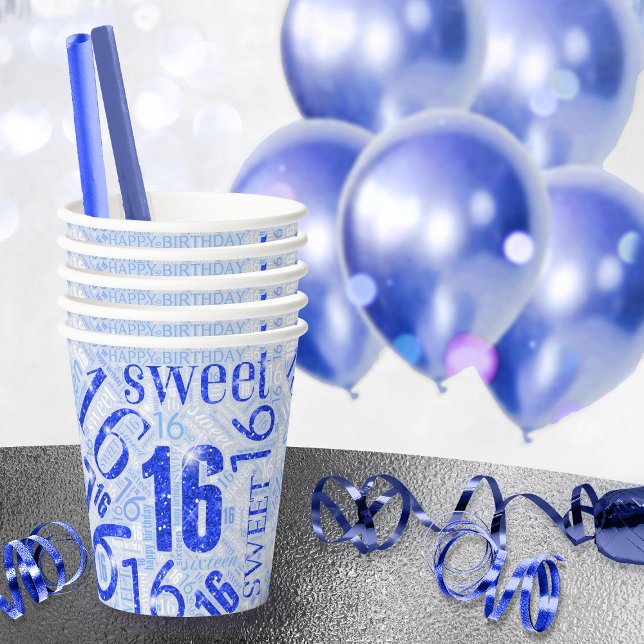 Sweet Sixteen Sparkle Word Cloud Blue ID265 Paper Cups (Creator Uploaded)