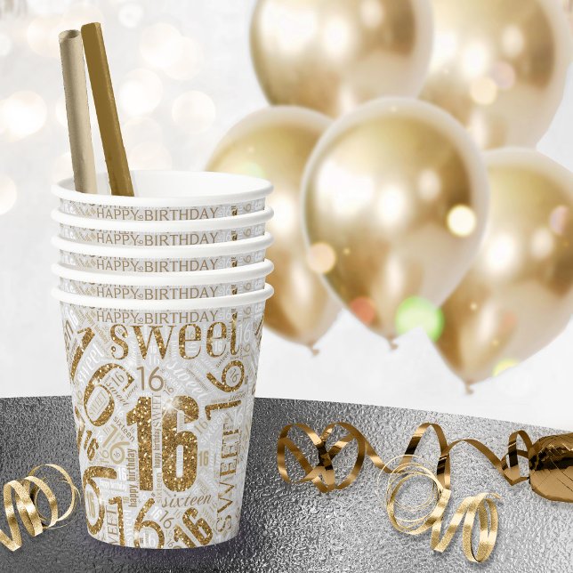 Sweet Sixteen Sparkle Word Cloud Gold ID265 Paper Cups (Creator Uploaded)