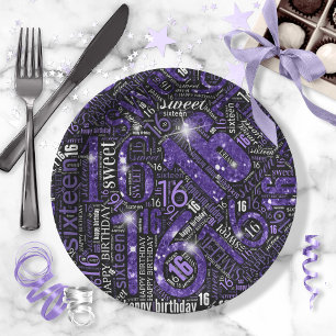 Sweet Sixteen Sparkle Word Cloud Purple Blk ID265 Paper Plate