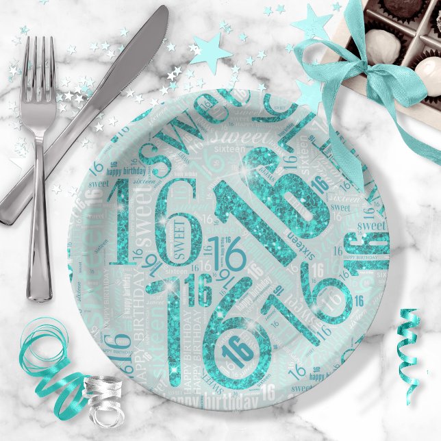 Sweet Sixteen Sparkle Word Cloud Teal ID265 Paper Plate (Creator Uploaded)
