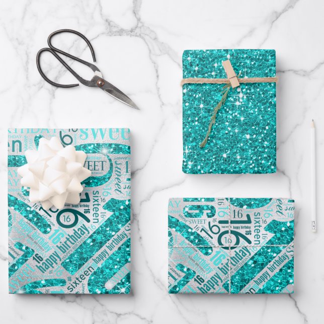 Sweet Sixteen Sparkle Word Cloud Teal ID265 Wrapping Paper Sheet (Front)