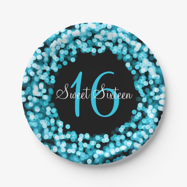 Sweet Sixteen Sparkling Lights Blue Paper Plate (Front)