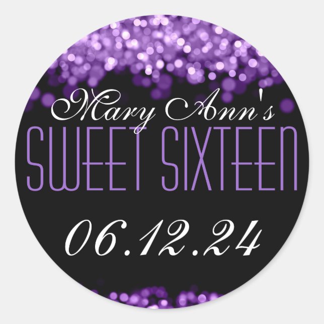 Sweet Sixteen Sparkling Lights Purple Classic Round Sticker (Front)