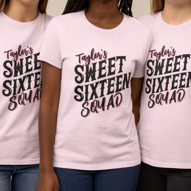 Sweet Sixteen Squad Modern Black and Pink Text  T-Shirt (ink sweet sixteen squad t-shirts with bold black and pink lettering for birthday party group.)