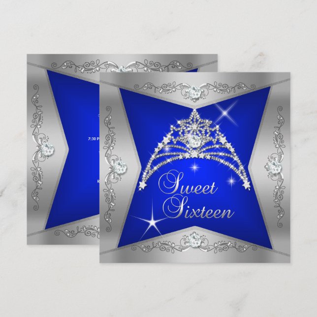 Sweet Sixteen Sweet 16 Blue Silver Tiara Invitation (Front/Back)