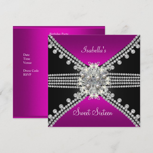 Sweet Sixteen Sweet 16 Butterfly Hot Pink Black Invitation (Front/Back)