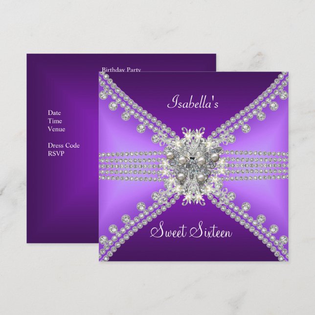 Sweet Sixteen Sweet 16 Butterfly Purple Silver 3 Invitation (Front/Back)
