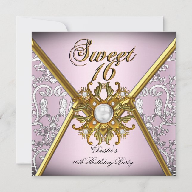Sweet Sixteen Sweet 16 Damask Pink Gold White Invitation (Front)