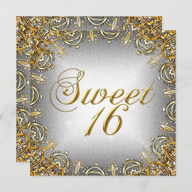 Sweet Sixteen Sweet 16 Gold Grey Silver Invitation (Front/Back)