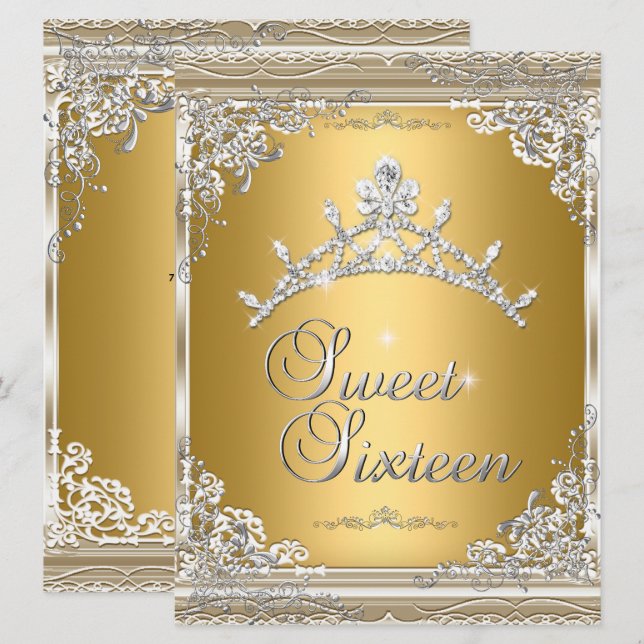 Sweet Sixteen Sweet 16 Gold White Silver Tiara Invitation (Front/Back)