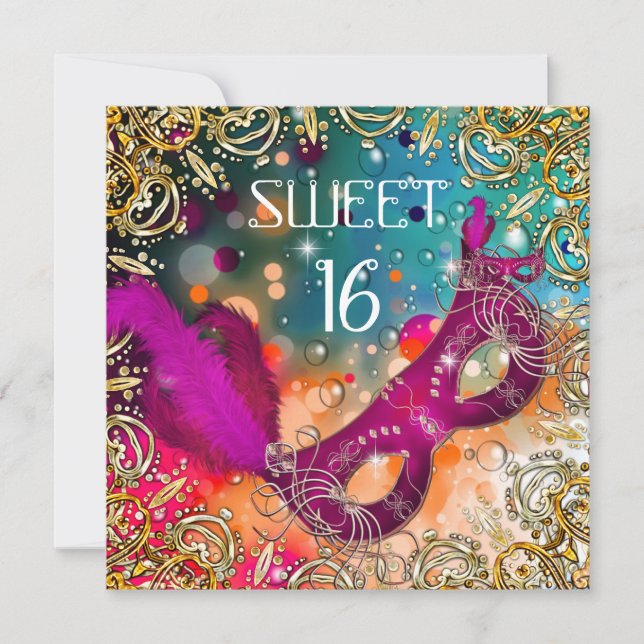 Sweet Sixteen Sweet 16 Masquerade Pink Teal Invitation (Front)
