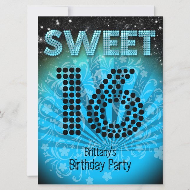 Sweet Sixteen Sweet 16 Party Blue Teal Black Invitation (Front)