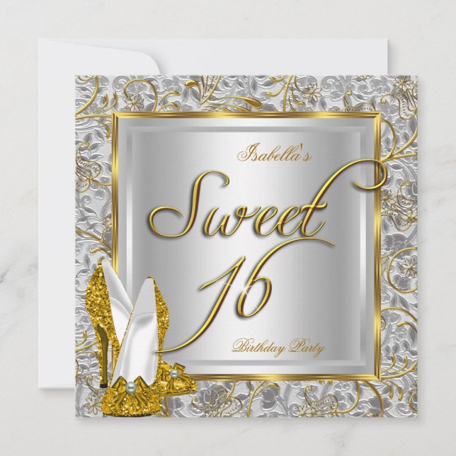 Sweet Sixteen Sweet 16 Party Gold Silver White Invitation (Front)