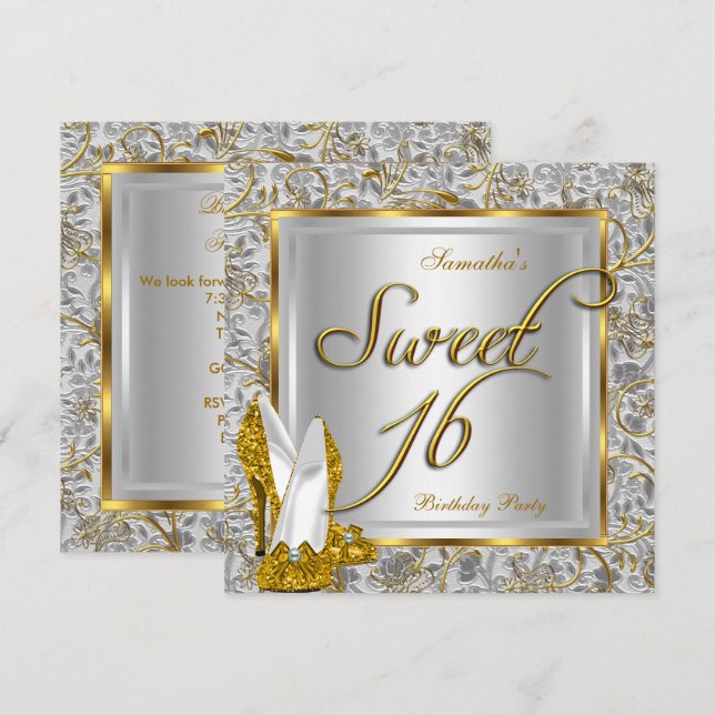 Sweet Sixteen Sweet 16 Party Gold Silver White Invitation (Front/Back)