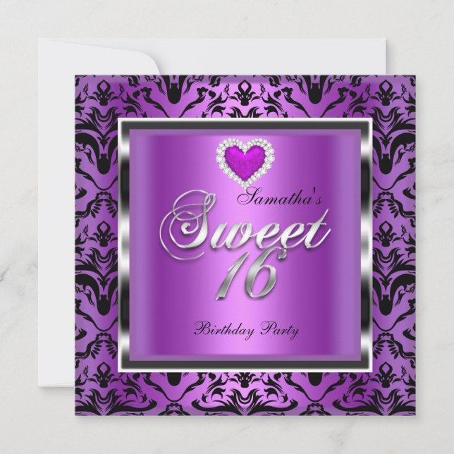 Sweet Sixteen Sweet 16 Party Purple Damask Black Invitation (Front)