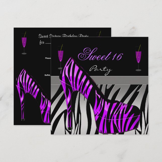Sweet Sixteen sweet 16 Party Shoes Purple Zebra Invitation (Front/Back)