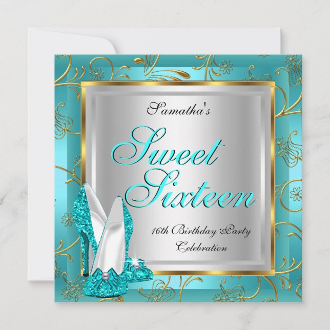 Sweet Sixteen Sweet 16 Party Teal Blue Gold Silver Invitation (Front)