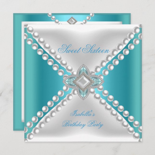 Sweet Sixteen Sweet 16 Party Teal Blue White Invitation (Front/Back)