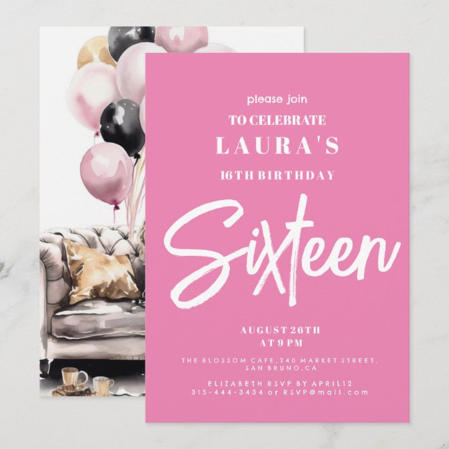 Sweet sixteen, sweet 16, pink, birthday party invitation (Front/Back)