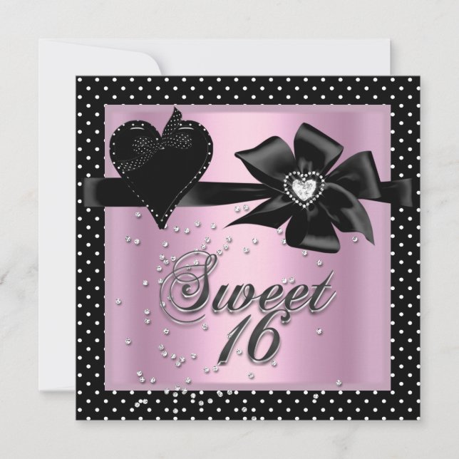 Sweet Sixteen Sweet 16 Pink Black Polka Dot Invitation (Front)