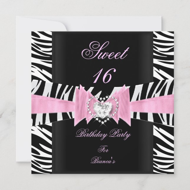 Sweet Sixteen Sweet 16 Pink Black White Zebra Invitation (Front)