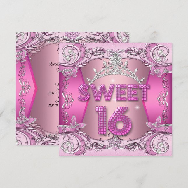 Sweet Sixteen Sweet 16 Pink Silver Tiara Invitation (Front/Back)