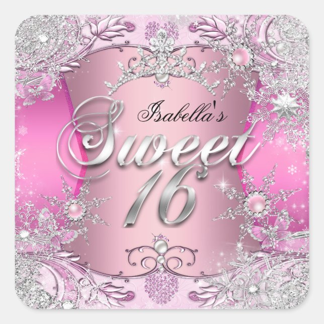 Sweet Sixteen Sweet 16 Pink snowflake Tiara 2 Square Sticker (Front)