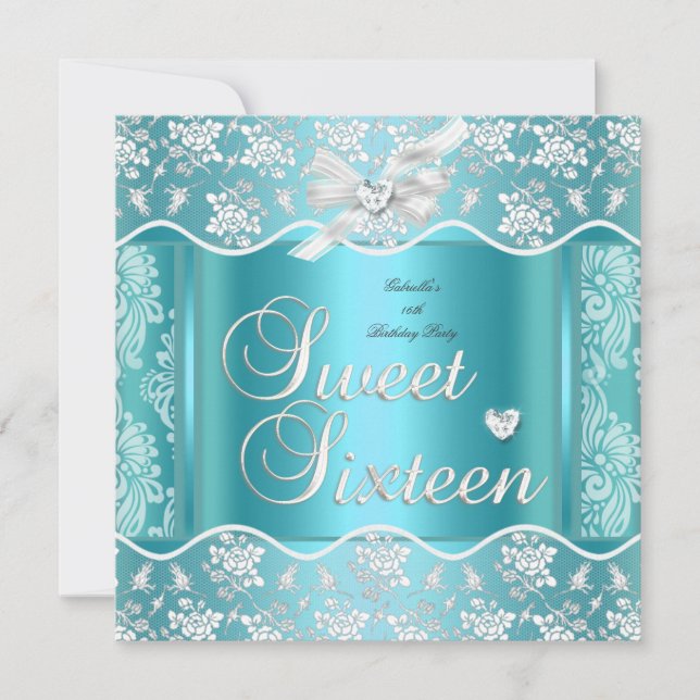 Sweet Sixteen Sweet 16 Pretty Blue White Lace Invitation (Front)
