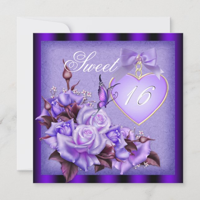 Sweet Sixteen, Sweet 16 Purple Butterfly Purple Ro Invitation (Front)