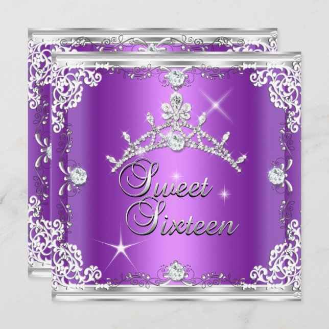 Sweet Sixteen Sweet 16 Purple Silver Diamond Tiara Invitation (Front/Back)