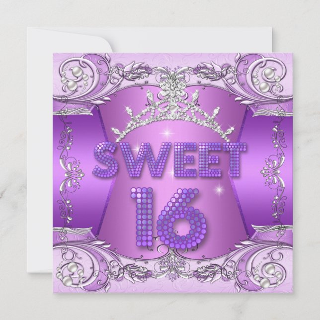 Sweet Sixteen Sweet 16 Purple Silver Tiara Invitation (Front)