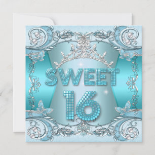 Sweet Sixteen Sweet 16 Teal Blue Silver Tiara Invitation