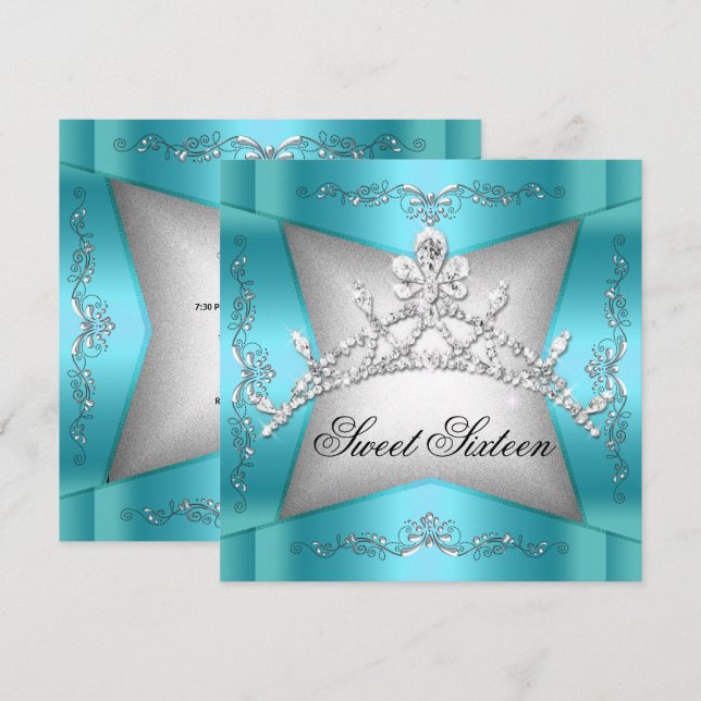 Sweet Sixteen Sweet 16 Teal Blue Silver Tiara Invitation (Front/Back)