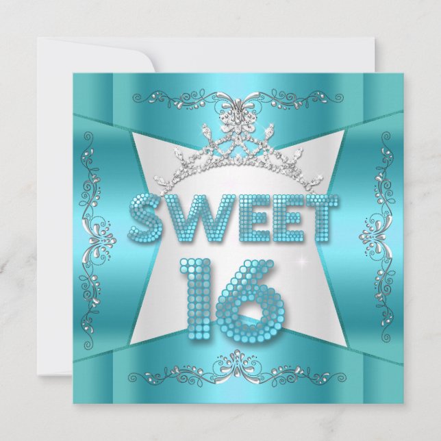 Sweet Sixteen Sweet 16 Teal Blue Silver Tiara Invitation (Front)