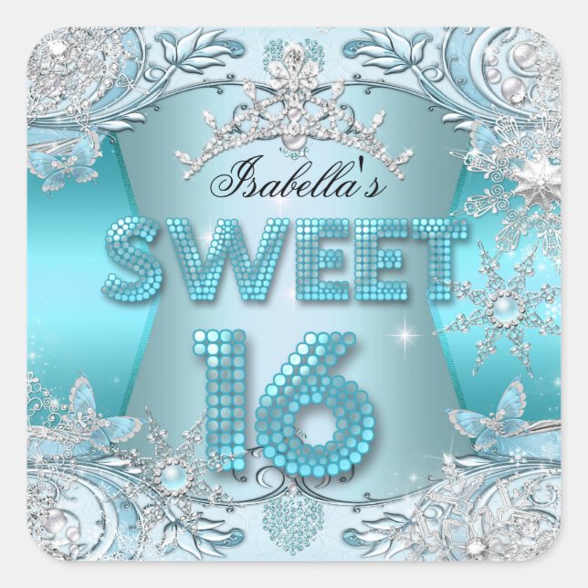 Sweet Sixteen Sweet 16 Teal snowflake Silver Tiara Square Sticker (Front)