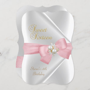 Sweet Sixteen Sweet 16 White Pearl Jewel Pink Bow Invitation
