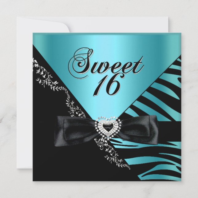 Sweet Sixteen Sweet 16 Zebra Blue Black Invitation (Front)