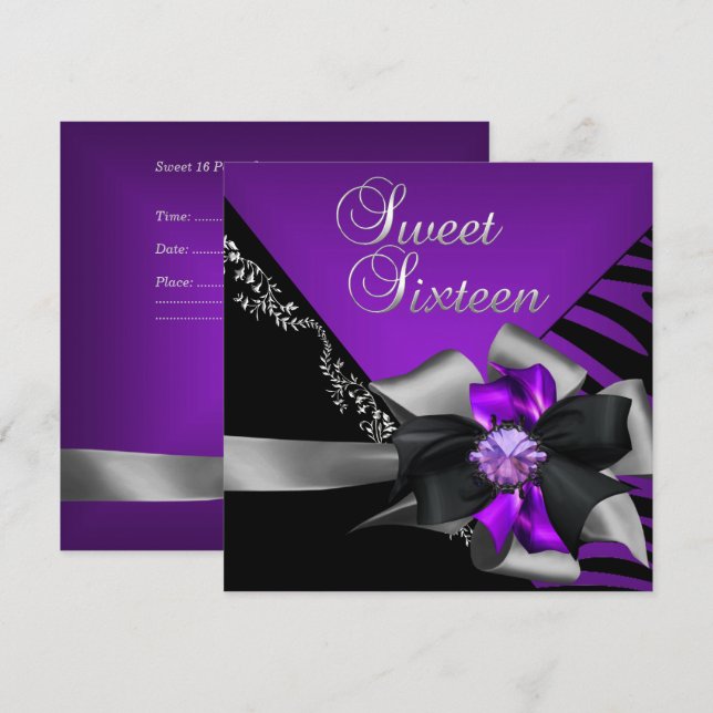 Sweet Sixteen Sweet 16 Zebra Purple Black Silver Invitation (Front/Back)