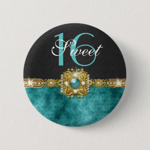 "sweet sixteen" teal black 16 birthday 6 cm round badge