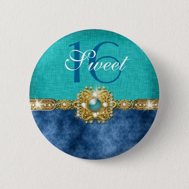 "sweet sixteen" teal blue 16 birthday 6 cm round badge (Front)