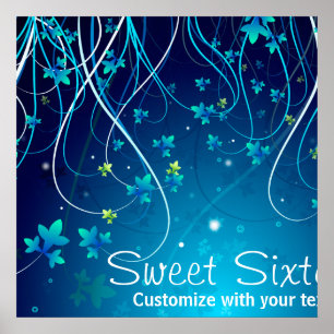 Sweet Sixteen Teal Blue Swirls Party Banner Poster