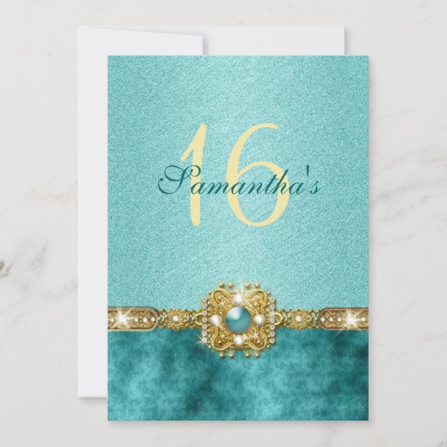 "sweet sixteen" teal gold 16 birthday invitation (Front)