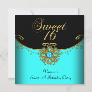 Sweet Sixteen Teal Gold Black Sweet 16 Invitation