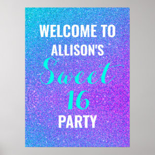Sweet Sixteen Teal Purple Glitter Welcome Sign