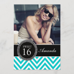 SWEET SIXTEEN TEAL ZIG ZAG CHEVRON PATTERN INVITATION