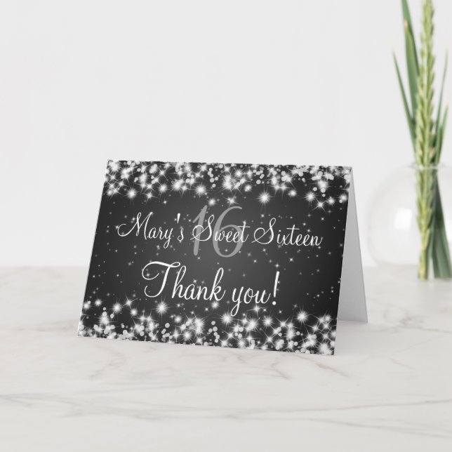 Sweet Sixteen Thank You Winter Sparkle Black Card (Front)