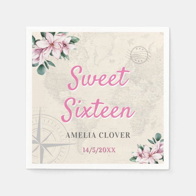 Sweet Sixteen Travel Pink Girl 16th Birthday Party Napkin (Front)