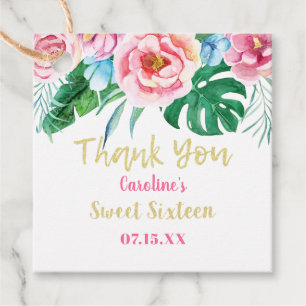 Sweet Sixteen Tropical Floral Pink Gold Thank You Favour Tags