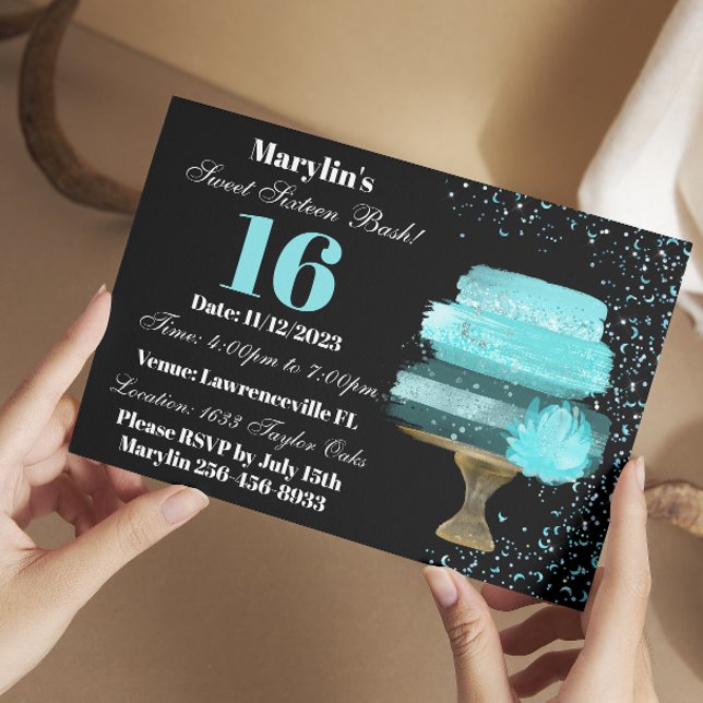 SWEET SIXTEEN TURQUOISE WATERCOLOR CAKE BIRTHDAY INVITATION (Creator Uploaded)